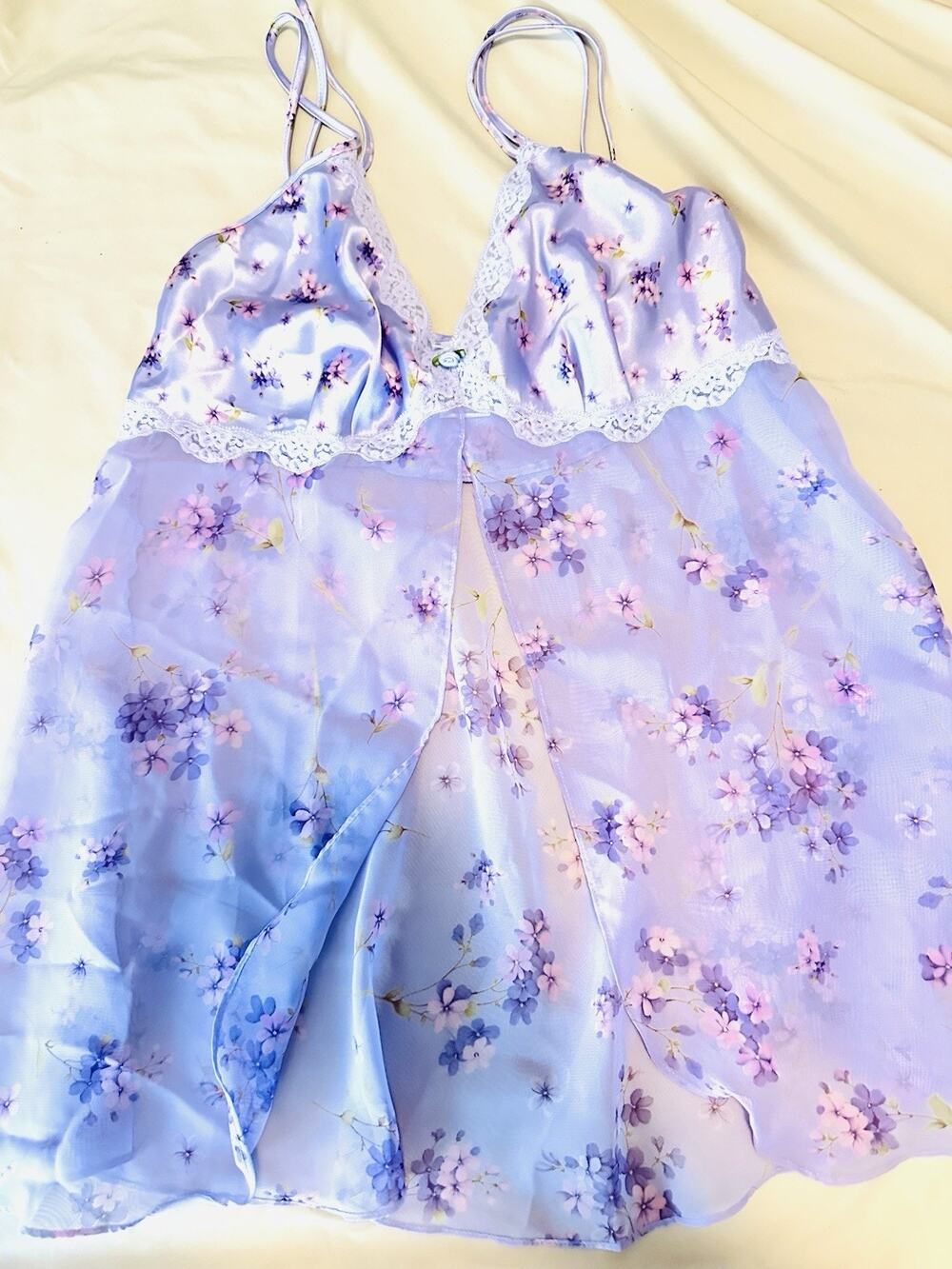 Vtg Purple Floral Lace Babydoll Top Medium Coquette Y2K Lingerie Sheer Split Mid